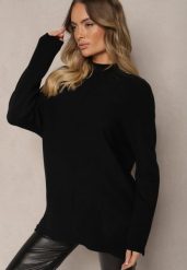 Czarny Prążkowany Sweter z Półgolfem z Rozcięciami po Bokach Rerilla. Czarne swetry Renee, bez wzorów, z dzianiny, bez ramiączek. Za 79.99 zł.