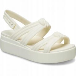 Sandały Dla Dorosłych Crocs Brooklyn Knot Low Wedge Sandal. Brązowe sandały Crocs, bez wzorów, z materiału, eleganckie, bez obcasa, na koturnie, bez zapięcia. Za 289.99 zł.