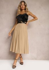 Beżowa Spódnica High Waist o Plisowanym Kroju z Paskiem w Talii Xeviana. Brązowe spódnice Renee, l, bez wzorów, eleganckie, midi, plisowane. Za 129.99 zł.