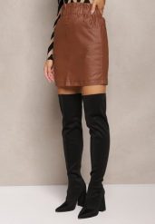Brązowa Spódnica z Ekoskóry z Ozdobnie Marszczoną Talią Selja. Brązowe spódnice Renee, na co dzień, l, bez wzorów, eleganckie, mini, koszulowe. Za 54.99 zł.