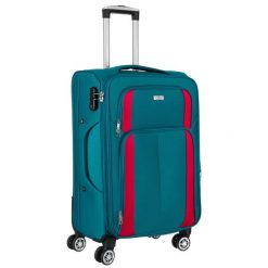 Walizka w rozmiarze M wykonana z poliestru w turkusowo-różowym kolorze Peterson PTN 5209-M. Czerwone walizki Peterson, bez wzorów. Za 199.99 zł.