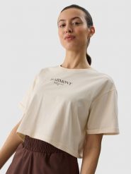 4F T-shirt crop top z nadrukiem damski - kremowy M. Brązowe t-shirty 4f, m, bez wzorów, z bawełny, bez kołnierzyka, bez ramiączek. W wyprzedaży za 39.99 zł.