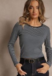 Granatowa Bluzka Longsleeve Ozdobiona Paskami i Cyrkoniami Ralenea. Niebieskie bluzki Renee, l, bez wzorów, z jeansu, eleganckie, bez kołnierzyka, bez ramiączek. Za 49.99 zł.