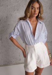 Jasnoniebieska Koszula Oversize z Bawełny w Paski z Podwijanymi Rękawami Mesevis. Niebieskie koszule Renee, m, bez wzorów, z bawełny, eleganckie, bez kołnierzyka, bez ramiączek. Za 79.99 zł.
