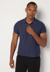 Granatowy T-shirt Polo z Bawełną Fodelira. Niebieskie koszulki polo Born2be, l, bez wzorów, z bawełny, bez kołnierzyka, bez ramiączek. Za 64.99 zł.