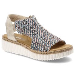 Sandały damskie Rieker, cholewka z materiału tekstylnego wsuwany fason na platformie, kolorowe, 69284-90. Sandały Rieker, bez wzorów, bez obcasa, na platformie, bez zapięcia. Za 329.00 zł.