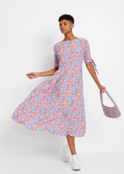 Sukienka midi. Fioletowe sukienki bonprix, bez wzorów, bez kołnierzyka, bez ramiączek, midi. Za 139.99 zł.