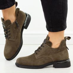 Khaki skórzane botki damskie Vinceza 89151. Brązowe botki VINCEZA, na jesień, bez wzorów, z dzianiny, z okrągłym noskiem, bez obcasa, na obcasie, bez zapięcia. Za 339.00 zł.