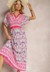 Fuksjowa Wiskozowa Sukienka Boho z Gumką w Pasie i Trójkątnym Dekoltem Casalina. Czerwone sukienki Renee, na co dzień, l, bez wzorów, z wiskozy, boho, bez kołnierzyka, bez ramiączek, maxi. Za 89.99 zł.
