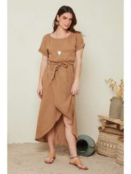 Le Monde du Lin Lniana sukienka w kolorze jasnobrązowym rozmiar: 34/36. Brązowe sukienki Le Monde du Lin, bez wzorów, ze lnu, klasyczne, bez kołnierzyka, bez ramiączek, maxi. Za 143.99 zł.