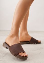 Ciemnobrązowe Klapki z Nitami Lephiaphe. Brązowe klapki Renee, z aplikacjami, bez obcasa, na płaskiej podeszwie. Za 79.99 zł.