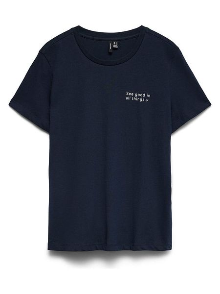Vero Moda Koszulka w kolorze granatowym rozmiar: L. Niebieskie bluzki Vero Moda, l, bez wzorów, z bawełny, bez kołnierzyka, bez ramiączek. Za 55.95 zł.