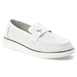 Mokasyny damskie Vinceza, cholewka ze skóry naturalnej licowej z perforacją wsuwany fason z ozdobnym paskiem zabudowany przód na lekkiej podeszwie, b. Białe mokasyny VINCEZA, bez wzorów, ze skóry, bez obcasa. Za 159.00 zł.