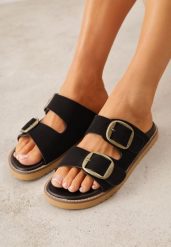 Czarne Klapki VICES z Dwoma Paskami i Metalicznymi Klamrami Kaliniassi. Czarne klapki Born2be, z aplikacjami, z materiału, z otwartym noskiem, bez obcasa, na płaskiej podeszwie. Za 99.99 zł.