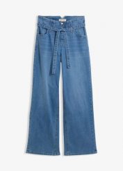 Jeansy wide leg, high waist, z bawełny organicznej. Niebieskie jeansy bonprix, bez wzorów, z podwyższonym stanem. Za 189.99 zł.
