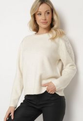 Jasnobeżowy Sweter z Wełną i Aplikacjami na Ramionach Gebirae. Brązowe swetry Born2be, z aplikacjami, z jeansu, bez ramiączek. Za 109.99 zł.