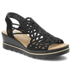 Czarne Sandały Rieker Eleganckie Obuwie Damskie. Czarne sandały Rieker, bez wzorów, z materiału, eleganckie, bez obcasa, na koturnie, bez zapięcia. Za 349.00 zł.
