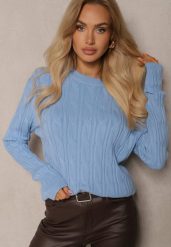 Niebieski Sweter z Wiskozą Ozdobiony Tłoczeniem Savra. Niebieskie swetry Renee, s, bez wzorów, z jeansu, bez ramiączek. Za 79.99 zł.