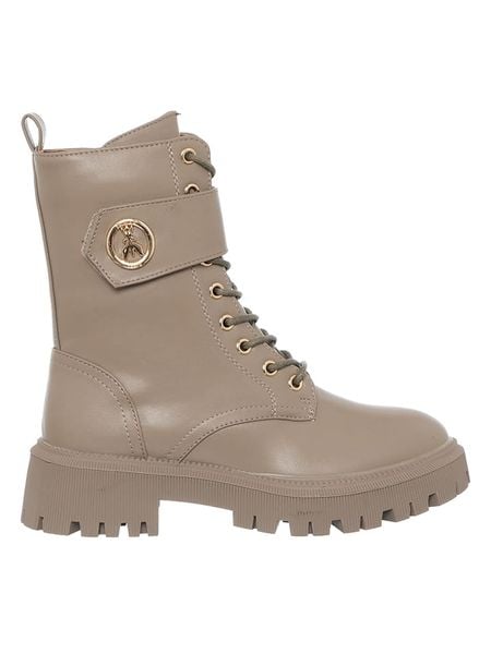 Patrizia Pepe Skórzane botki w kolorze szarobrązowym rozmiar: 38. Brązowe botki Patrizia Pepe, z aplikacjami, bez obcasa, bez zapięcia. Za 465.95 zł.