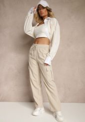 Jasnobeżowe Spodnie Cargo z Bawełną o Szerokim Kroju High Waist Mairiora. Brązowe spodnie materiałowe Renee, na co dzień, l, bez wzorów, z bawełny, z podwyższonym stanem. Za 39.99 zł.