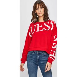 Guess Jeans - Bluza. Czerwone bluzy Guess Jeans, l, z aplikacjami, z bawełny, bez kaptura. W wyprzedaży za 219.90 zł.