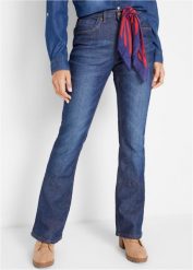 Dżinsy ocieplane bootcut, wysoki stan. Niebieskie jeansy bonprix, bez wzorów, z podwyższonym stanem. Za 219.99 zł.