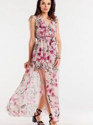 Sukienka Model A502 Cherry Flowers - awama. Czerwone sukienki Awama, l, bez wzorów, z szyfonu, bez kołnierzyka, bez ramiączek, maxi, kopertowe. Za 548.36 zł.