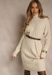 Jasnobeżowa Sukienka Sweterkowa z Golfem Wełną Bawełną i Ozdobnym Splotem Reilenea. Brązowe sukienki Renee, na spotkanie biznesowe, l, bez wzorów, z bawełny, eleganckie, bez kołnierzyka, bez ramiączek, midi. Za 79.99 zł.