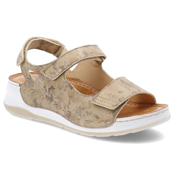 Sandały damskie Wasak, na wysokiej platformie skórzane we wzorki na rzepy wygodne, beżowe kwiatowe, 765. Brązowe sandały Wasak, bez wzorów, eleganckie, bez obcasa, na koturnie, bez zapięcia. Za 269.00 zł.