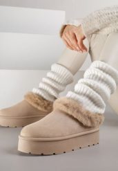 Ciemnobeżowe Krótkie Śniegowce na Platformie Ozdobione Futerkiem Sewlara. Brązowe trapery i śniegowce Renee, z jeansu. Za 59.99 zł.