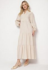 Jasnobeżowa Wiskozowa Sukienka Boho o Rozkloszowanym Kroju z Gumką i Koronką Gonillea. Brązowe sukienki Born2be, na co dzień, na lato, l, z aplikacjami, z koronki, boho, bez kołnierzyka, bez ramiączek, maxi, rozkloszowane. Za 139.99 zł.
