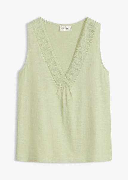 Top z haftem z czystej bawełny. Zielone topy bonprix, bez wzorów, z bawełny, bez kołnierzyka, bez ramiączek. Za 59.99 zł.