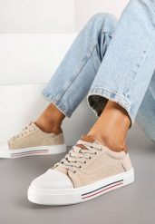 Beżowe Skórzane Trampki na Płaskiej Podeszwie ze Skórzaną Wkładką i Kontrastowym Noskiem Helili. Brązowe trampki Born2be, bez wzorów, z jeansu, bez zapięcia. Za 79.99 zł.