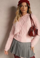 Różowy Sweter z Wełną o Fakturze Imitującej Pióra z Ozdobną Wstawką o Wzorzystym Splocie Mirirra. Czerwone swetry Renee, bez wzorów, z wełny, bez ramiączek. Za 54.99 zł.