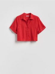 Lniana koszula - czerwony. Czerwone koszule Reserved, l, bez wzorów, bez kołnierzyka, bez ramiączek. Za 129.99 zł.