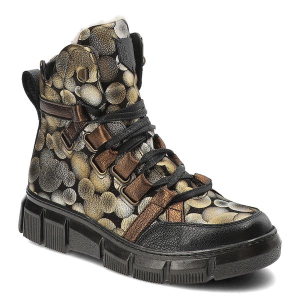 Złote Wzorzyste Trzewiki Maciejka Ocieplane Obuwie Damskie. Żółte botki Maciejka, bez wzorów, przed kolano, bez obcasa, bez zapięcia. Za 449.00 zł.