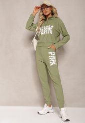 Zielony Komplet z Napisem Bluza Krótka i Spodnie ze Ściągaczami Nimilia. Zielone bluzy Renee, l, bez wzorów, bez kaptura. Za 69.99 zł.