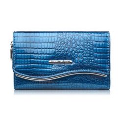 Portfel damski skórzany lakierowany z tłoczeniem croco niebieski SP-24-CDB. Niebieskie portfele PAOLO PERUZZI, bez wzorów, z lakierowanej skóry. Za 109.00 zł.