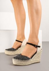 Czarne Sandały Espadryle z Plecionką na Koturnie Weanise. Czarne sandały Born2be, bez wzorów, boho, bez obcasa, na koturnie, bez zapięcia. Za 109.99 zł.