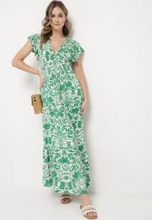Zielona Rozkloszowana Sukienka Maxi z Luźnym Rękawem w Kwiatowy Print Oxeria. Zielone sukienki Born2be, na lato, m, bez wzorów, bez kołnierzyka, bez ramiączek, maxi, rozkloszowane. Za 79.99 zł.