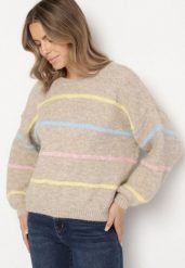 Beżowy Nietoperzowy Sweter z Domieszką Wełny w Kolorowe Paski Rallieva. Brązowe swetry Born2be, l, bez wzorów, z jeansu, bez ramiączek. Za 149.99 zł.