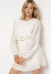Jasnobeżowa Rozkloszowana Sukienka z Gumką w Pasie i Długim Rękawem Biasha. Brązowe sukienki Born2be, na co dzień, m, bez wzorów, eleganckie, bez kołnierzyka, bez ramiączek, mini, dopasowane. Za 99.99 zł.