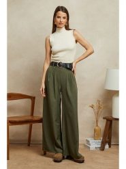 Plume Spodnie "Paule" w kolorze khaki rozmiar: S. Brązowe spodnie materiałowe Plume, s, bez wzorów, z materiału, z podwyższonym stanem. Za 162.87 zł.