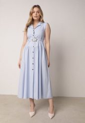 Niebieska Koszulowa Sukienka Bez Rękawów z Wiskozy i Bawełny z Paskiem Suranon. Niebieskie sukienki Born2be, na co dzień, na lato, m, bez wzorów, z bawełny, eleganckie, bez kołnierzyka, bez ramiączek, maxi, koszulowe. Za 189.99 zł.