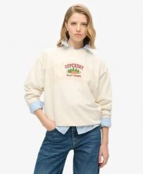 Superdry Damska bluza Travel Souvenir Loose Crew 100% bawełna. Białe bluzy Superdry, bez wzorów, z bawełny, bez kaptura. Za 259.25 zł.
