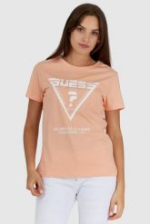 GUESS Brzoskwiniowy t-shirt damski z białym logo, Rozmiar S. Brązowe t-shirty Guess, s, z aplikacjami, bez kołnierzyka, bez ramiączek. W wyprzedaży za 119.99 zł.