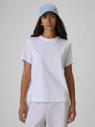 4F T-shirt regular gładki damski - biały XL. Białe t-shirty 4f, uniwersalny, bez wzorów, z materiału, bez kołnierzyka, bez ramiączek. Za 79.99 zł.