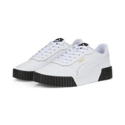 Damskie sneakersy Carina 2.0 PUMA White Team Gold Black Beige. Białe obuwie sportowe Puma, bez zapięcia, trekkingowe. W wyprzedaży za 204.00 zł.