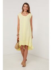 Lin Passion Lniana sukienka w kolorze żółtym rozmiar: 40/42. Żółte sukienki Lin Passion, bez wzorów, ze lnu, klasyczne, bez kołnierzyka, bez ramiączek, midi. Za 152.99 zł.