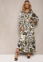 Beżowo-Zielona Długa Sukienka z Satyny z Gumką w Pasie i Ornamentalnym Printem Anoitia. Zielone sukienki Renee, na co dzień, l, bez wzorów, z jeansu, boho, bez kołnierzyka, bez ramiączek, maxi, proste. Za 134.99 zł.